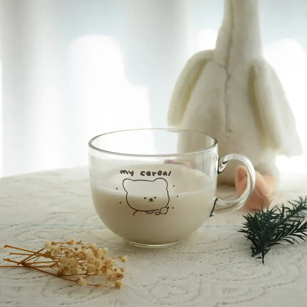 Cute bear print glass coffee mug kitchen cereal cup