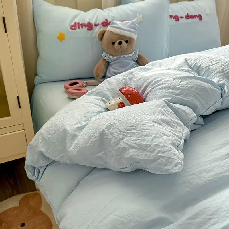 Cute teddy bear cartoon embroidery bed set bedroom soft blue bedding