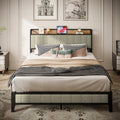 Queen Size Bed Frame With Charging Station, Upholstered Headboard, Metal Platform, Grey