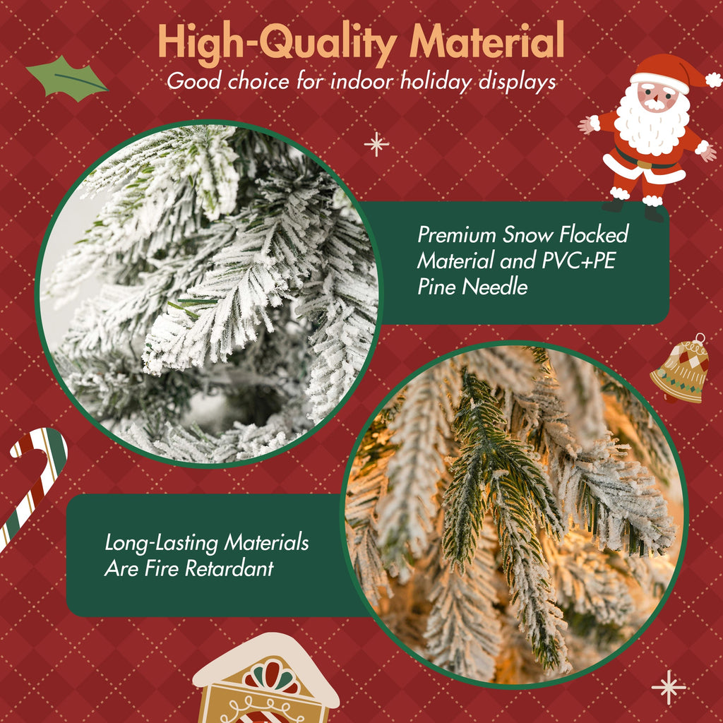 Christmas Snow Flocked Wreath With Xmas Snow Garland And Snow Xmas Tree, 3 Pac Snowy Flocked Christmas Decor With Warm LED Lights, 9ft Flocked Garland, Flocked Wreath, 6ft Flocked Tree
