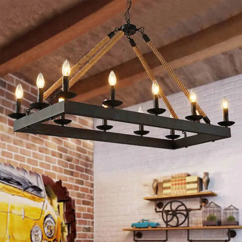 DecorBites™ 10-Head Rope Hanging Island Light: Industrial Metal Lamp in Black with Candle Design