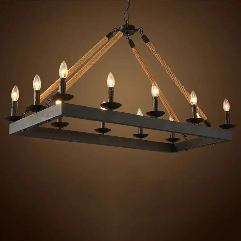 DecorBites™ 10-Head Rope Hanging Island Light: Industrial Metal Lamp in Black with Candle Design