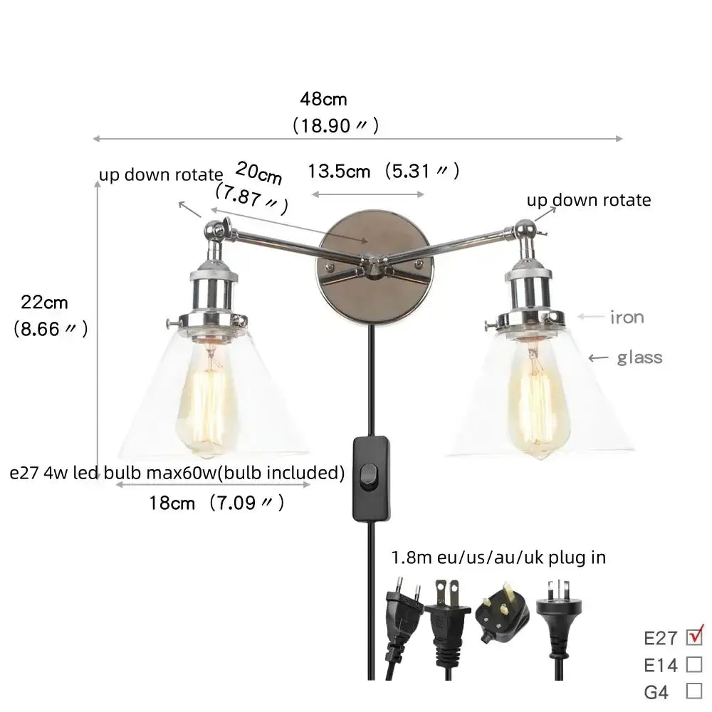 DecorBites™ 2 Head LED Wall Lamps Iron Glass Bedroom Stair Light Fixtures