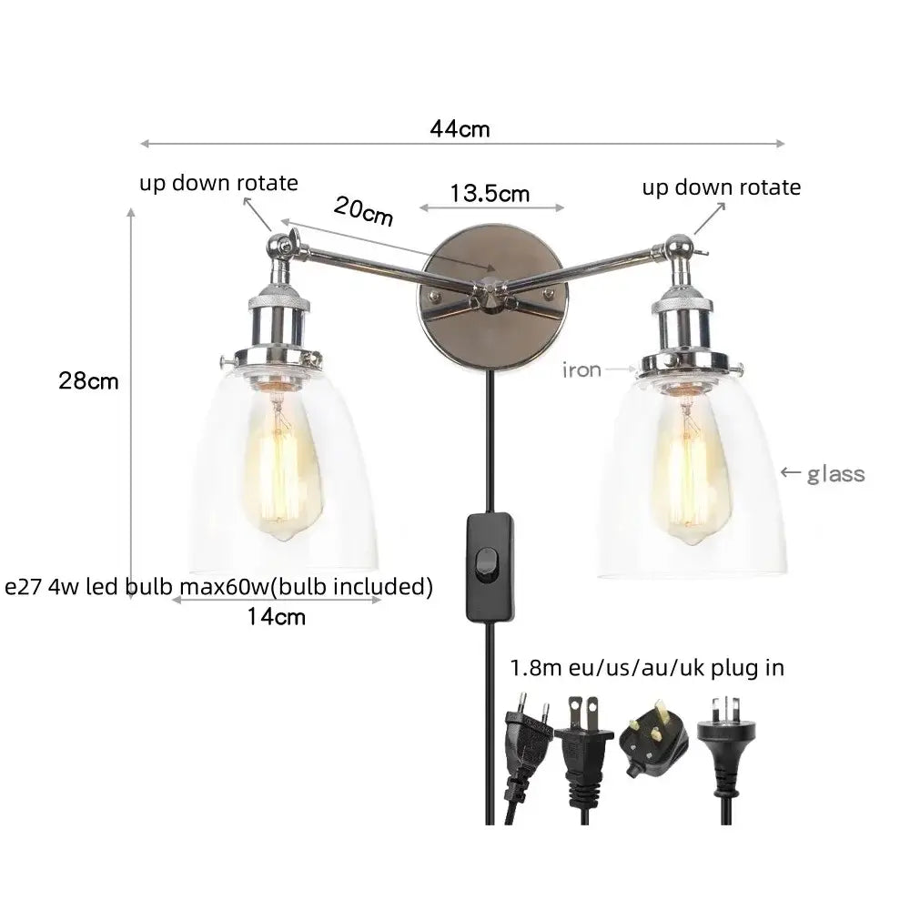 DecorBites™ 2 Head LED Wall Lamps Iron Glass Bedroom Stair Light Fixtures