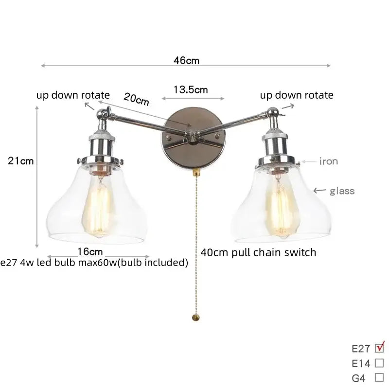 DecorBites™ 2 Head LED Wall Lamps Iron Glass Bedroom Stair Light Fixtures