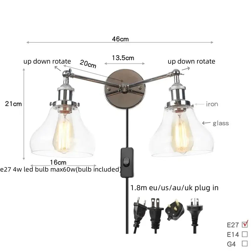 DecorBites™ 2 Head LED Wall Lamps Iron Glass Bedroom Stair Light Fixtures