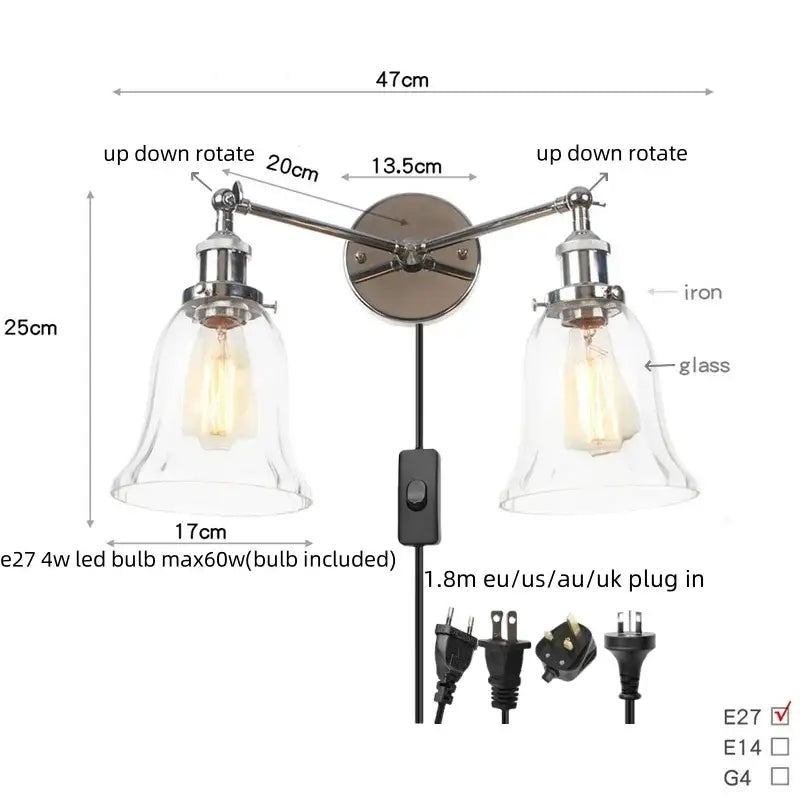 DecorBites™ 2 Head LED Wall Lamps Iron Glass Bedroom Stair Light Fixtures