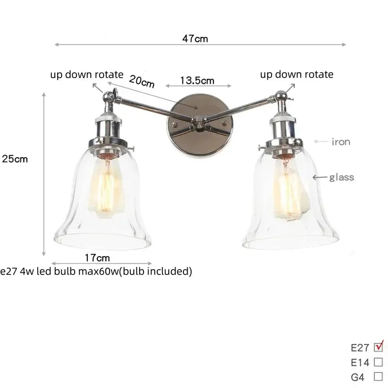 DecorBites™ 2 Head LED Wall Lamps Iron Glass Bedroom Stair Light Fixtures