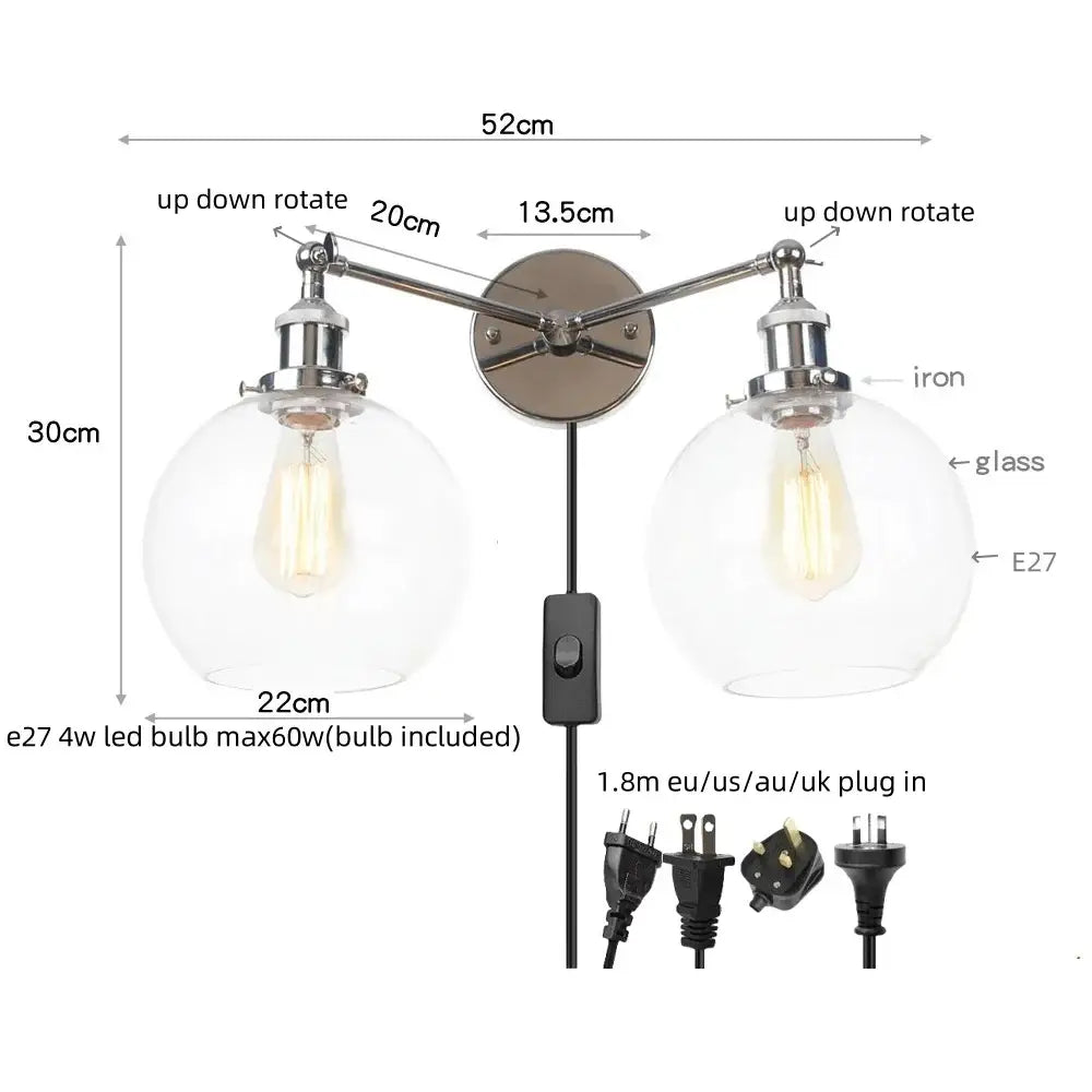 DecorBites™ 2 Head LED Wall Lamps Iron Glass Bedroom Stair Light Fixtures
