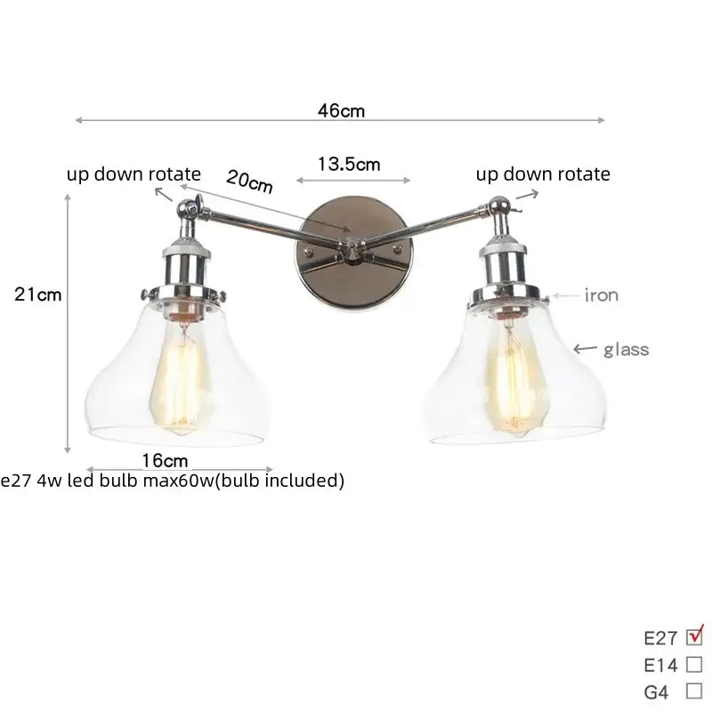 DecorBites™ 2 Head LED Wall Lamps Iron Glass Bedroom Stair Light Fixtures