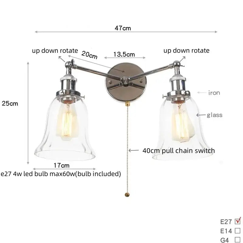 DecorBites™ 2 Head LED Wall Lamps Iron Glass Bedroom Stair Light Fixtures
