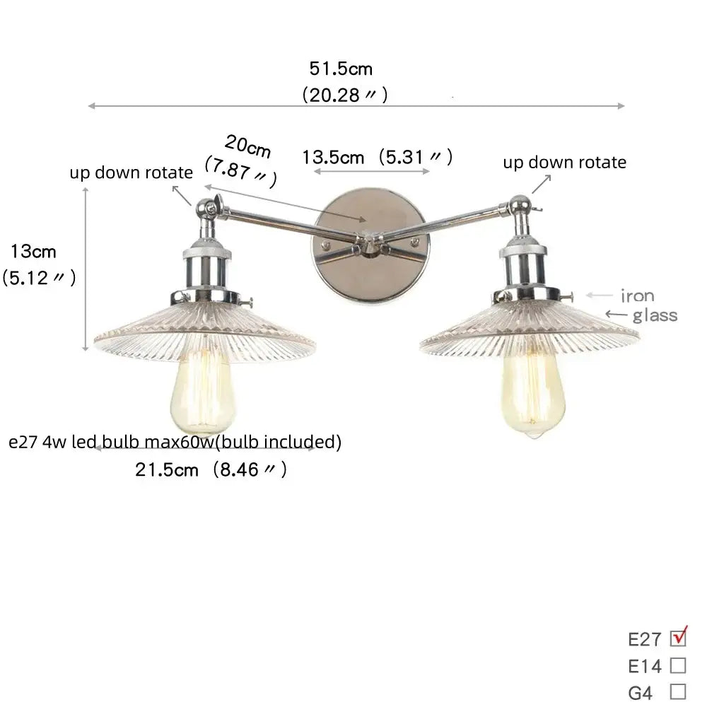DecorBites™ 2 Head LED Wall Lamps Iron Glass Bedroom Stair Light Fixtures
