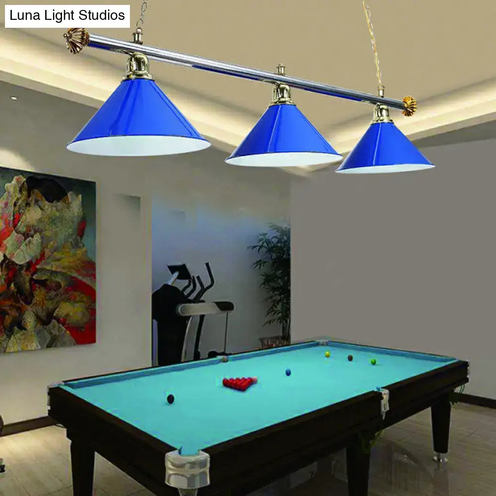 DecorBites™ 3-Head Conical Metallic Billiard Light - Indoor Island Lighting Fixture in Black/Red/Blue