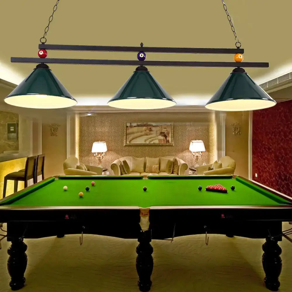 DecorBites™ 3-Head Conical Metallic Billiard Light - Indoor Island Lighting Fixture in Black/Red/Blue