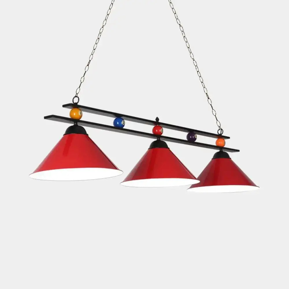 DecorBites™ 3-Head Conical Metallic Billiard Light - Indoor Island Lighting Fixture in Black/Red/Blue