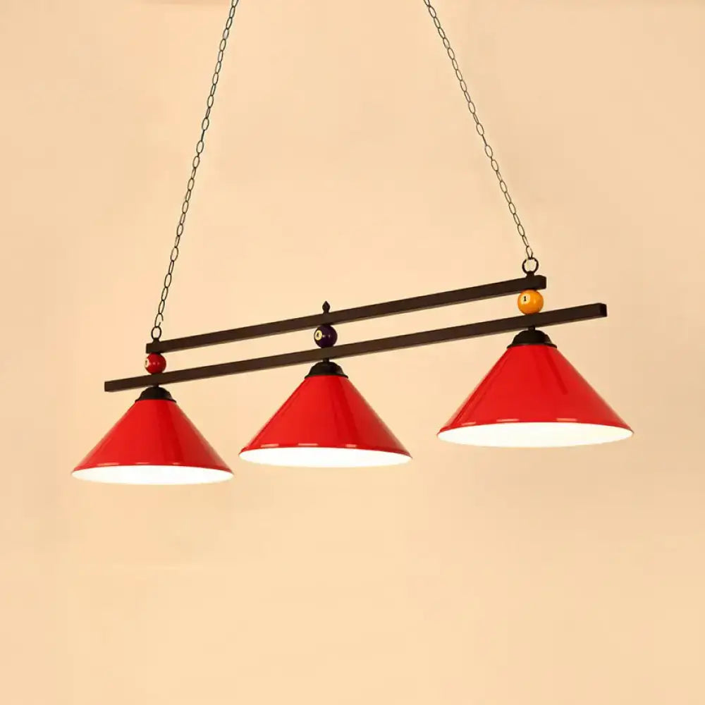 DecorBites™ 3-Head Conical Metallic Billiard Light - Indoor Island Lighting Fixture in Black/Red/Blue