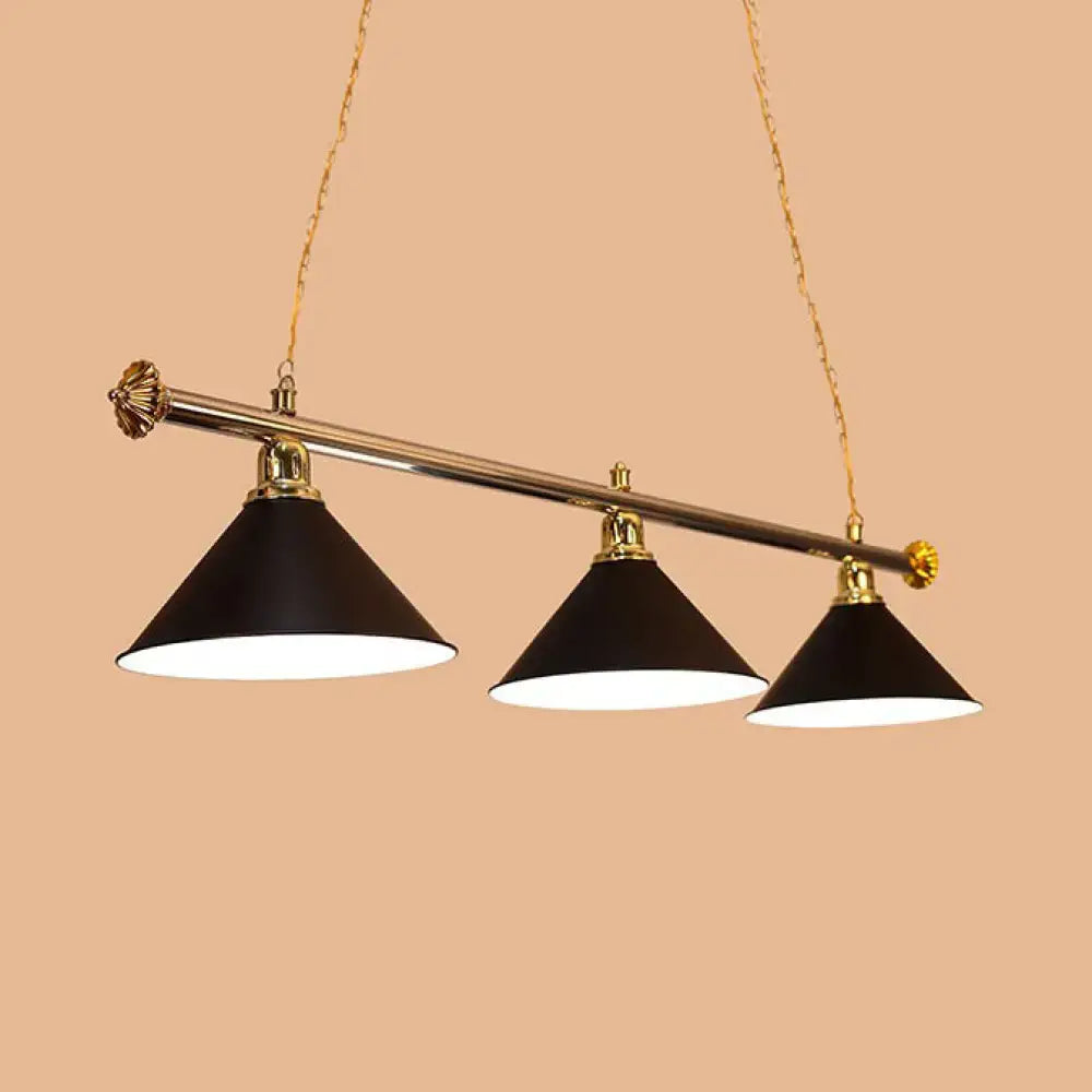 Decorbites 3-head conical metallic billiard lighting fixture in black with gold-toned metal and polished brass bar