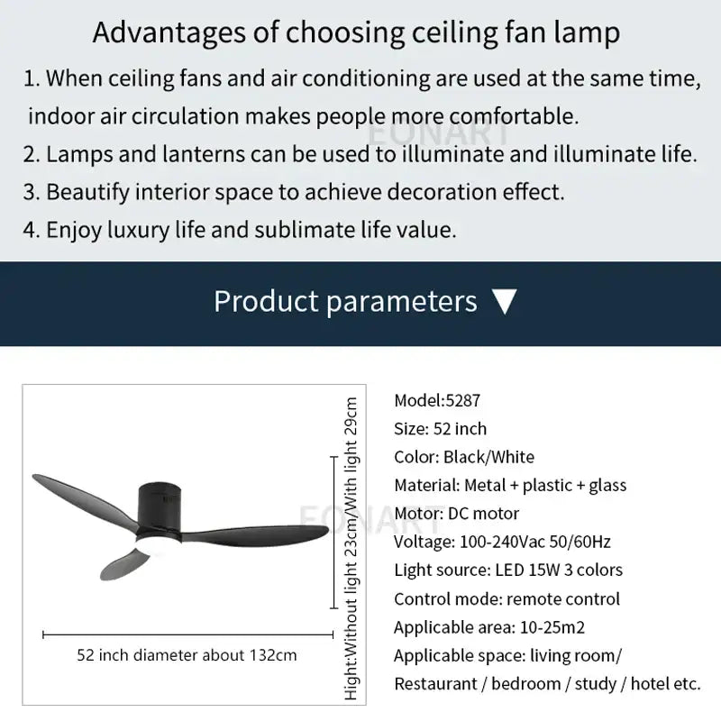 DecorBites™ 52" Black DC Ceiling Fan, Remote Control, No Light