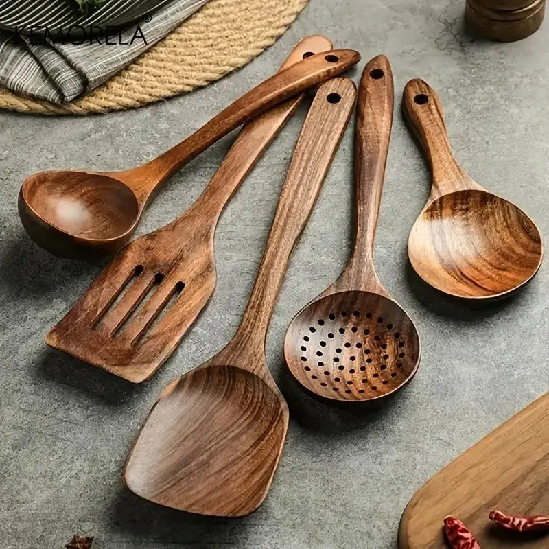 DecorBites™ 5PCS Teak Wooden Cooking Spoon Set - Natural Kitchen Tableware Tools