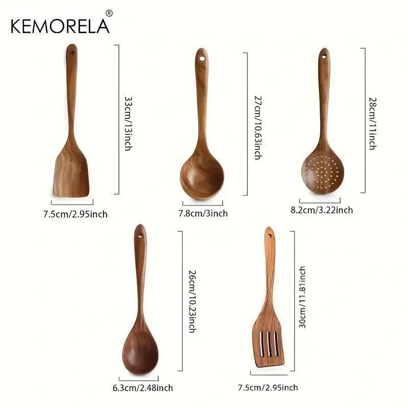 DecorBites™ 5PCS Teak Wooden Cooking Spoon Set - Natural Kitchen Tableware Tools