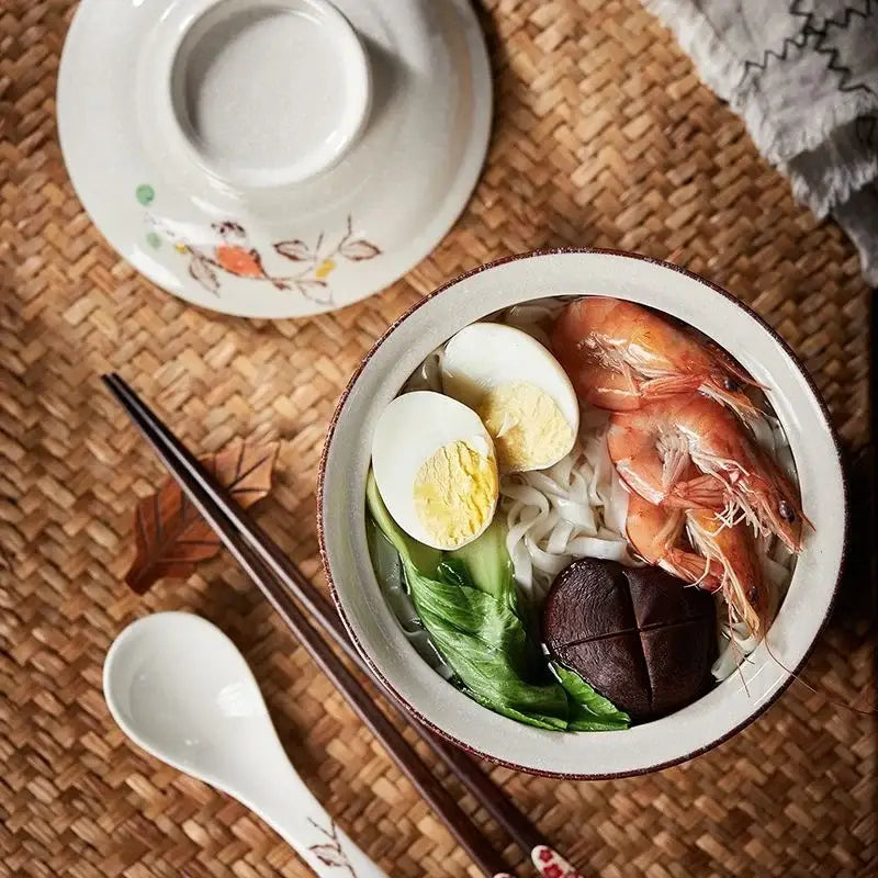 DecorBites™ 6.5inch Retro Ceramic Ramen Bowl Set with Lid, Chopsticks, and Spoons