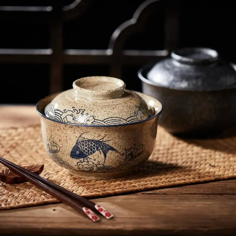 DecorBites™ 6.5inch Retro Ceramic Ramen Bowl Set with Lid, Chopsticks, and Spoons