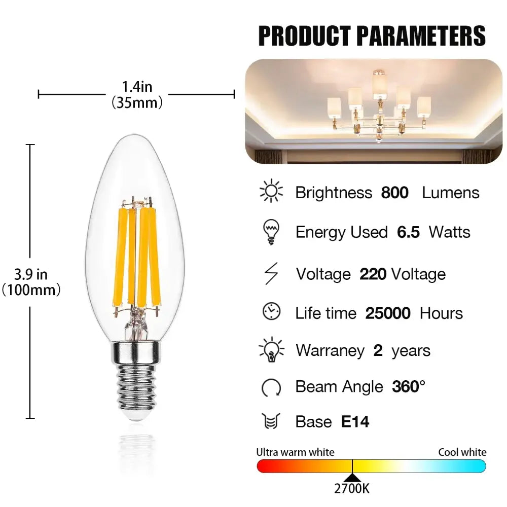 مصباح LED بتأثير لهب الشمعة من ديكوربايتس™ بقدرة 6.5 واط - لومن عالي، إضاءة فتيل إديسون قابلة للتعتيم