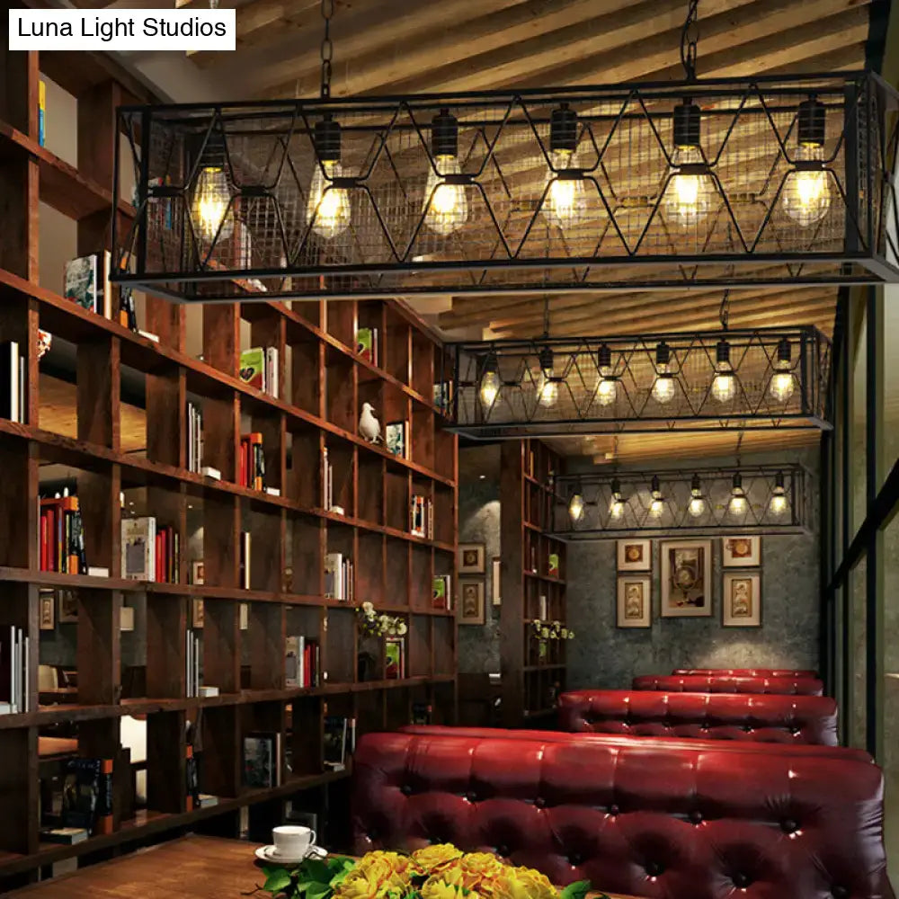 DecorBites™ 6-Light Rectangular Mesh Island Lighting: Black Metal Industrial Suspended Fixture