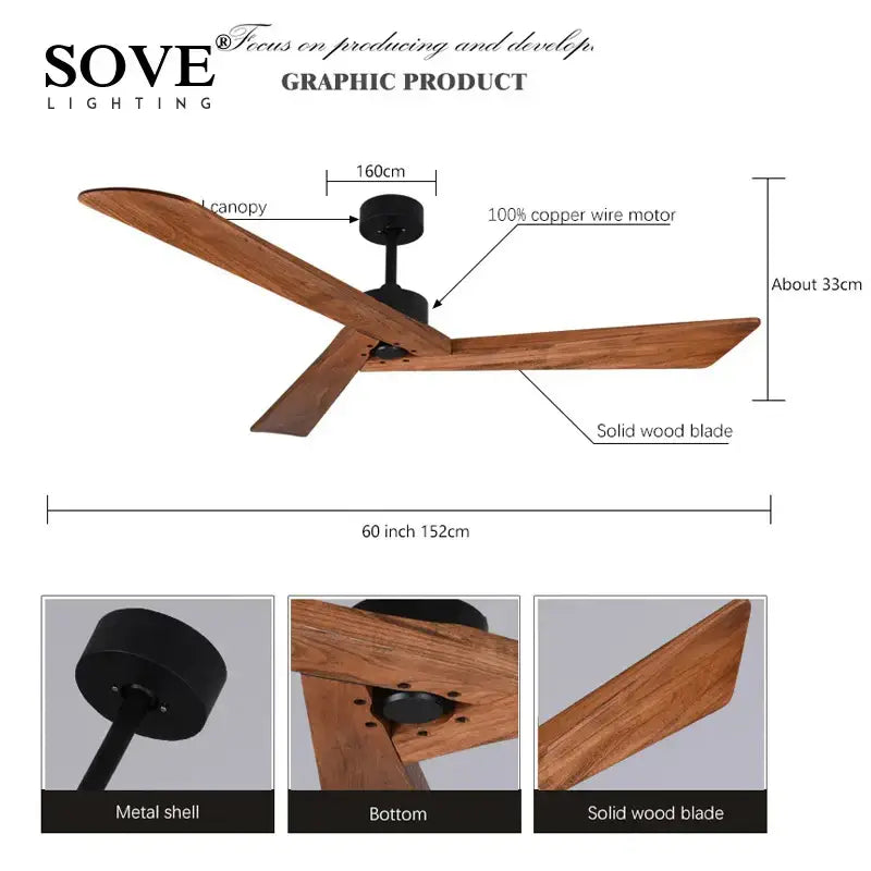 DecorBites™ 60" Wood Ceiling Fan Remote Control Living Room Dining Loft DC Fan 220V