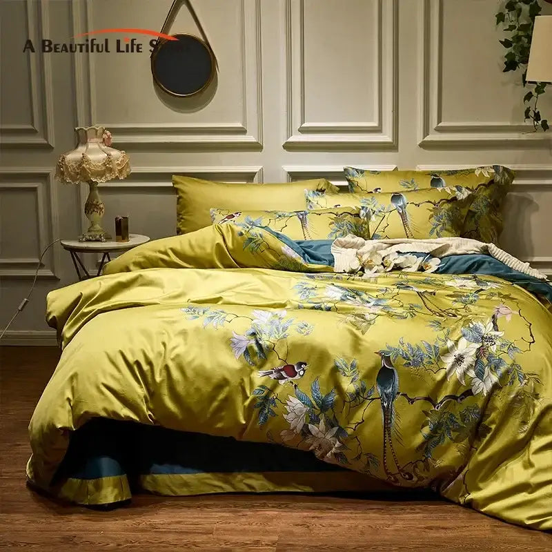 DecorBites™ 600TC Egyptian Cotton Bird Plant Flowers Bedding Set with Digital Printing