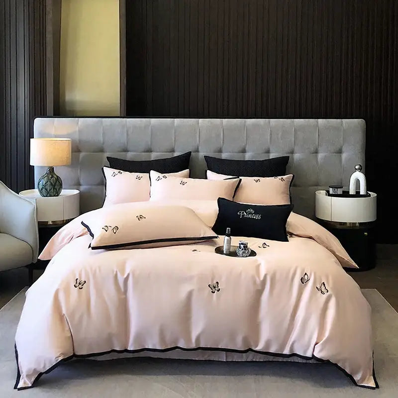 DecorBites™ 600TC Egyptian Cotton Butterfly Embroidery Bedding Set: Duvet, Sheet, Pillowcases