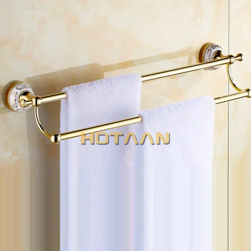 DecorBites™ 60cm Double Towel Bar with Ceramic Gold Finish for Bathroom Accessories.