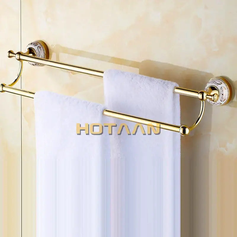 DecorBites™ 60cm Double Towel Bar with Ceramic Gold Finish for Bathroom Accessories.
