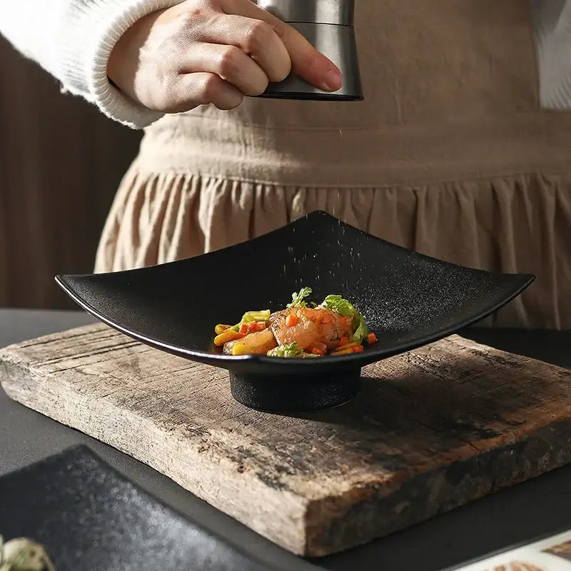 DecorBites™ 7.5 Inch Square Black Matte Ceramic Dining Plate