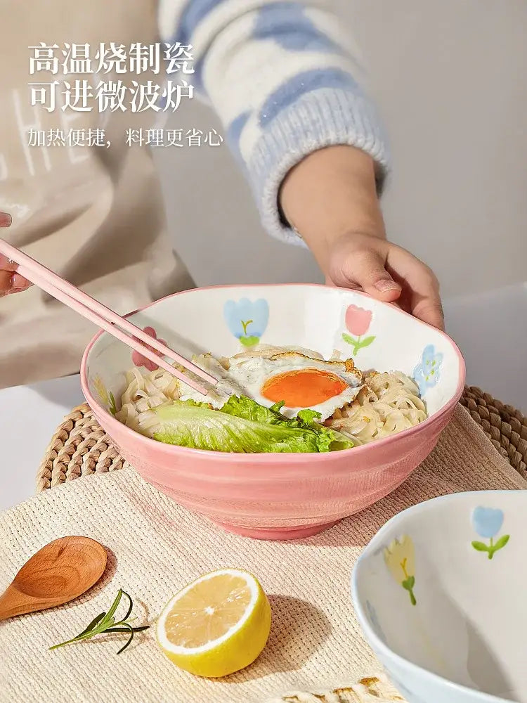 DecorBites™ 7" Hand-Painted Ceramic Ramen Bowl - Large Noodle Bowl for Home & Restaurant