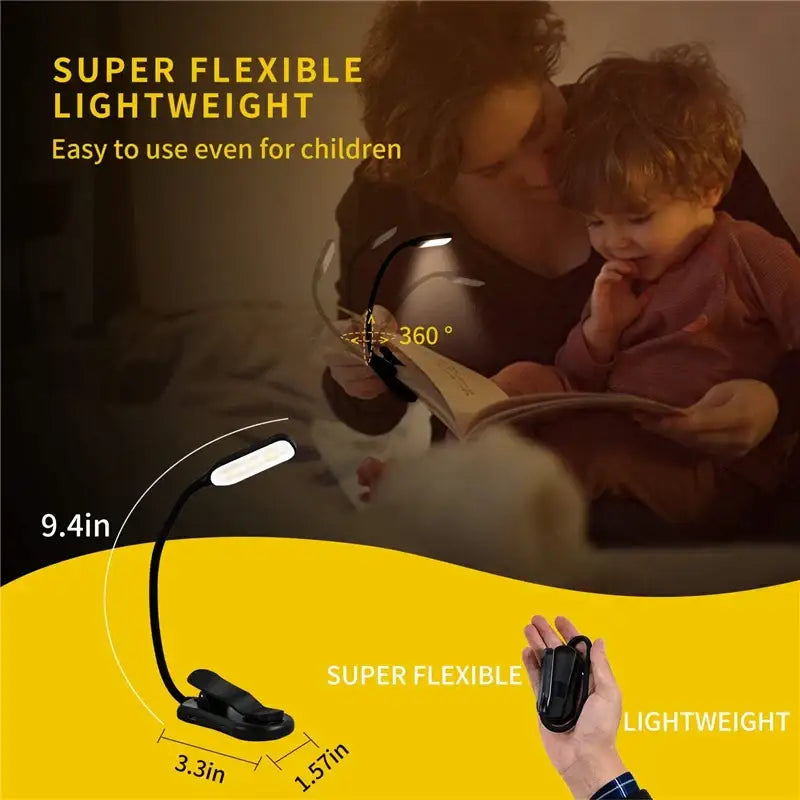 DecorBites™ 7 LED Book Light: Rechargeable Reading Lamp with 3-Level White Light Clip-On