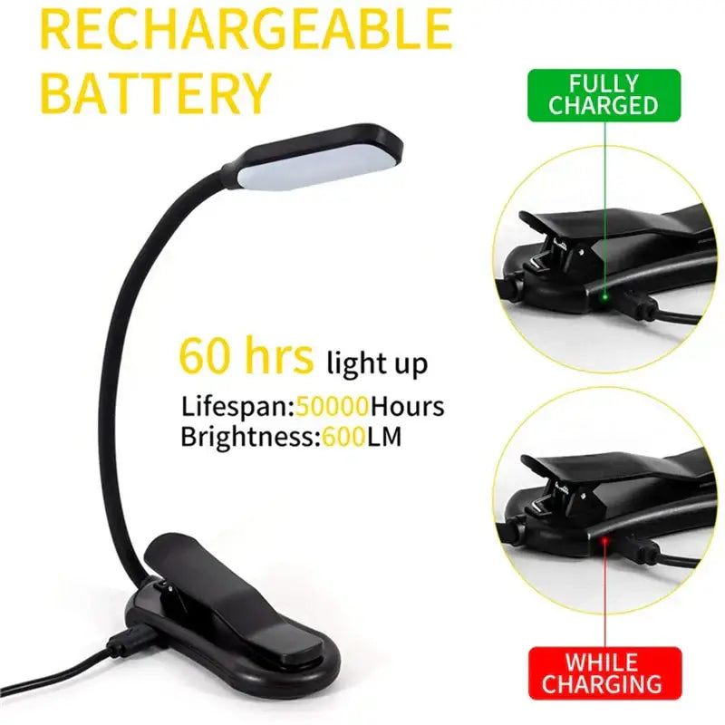 DecorBites™ 7 LED Book Light: Rechargeable Reading Lamp with 3-Level White Light Clip-On