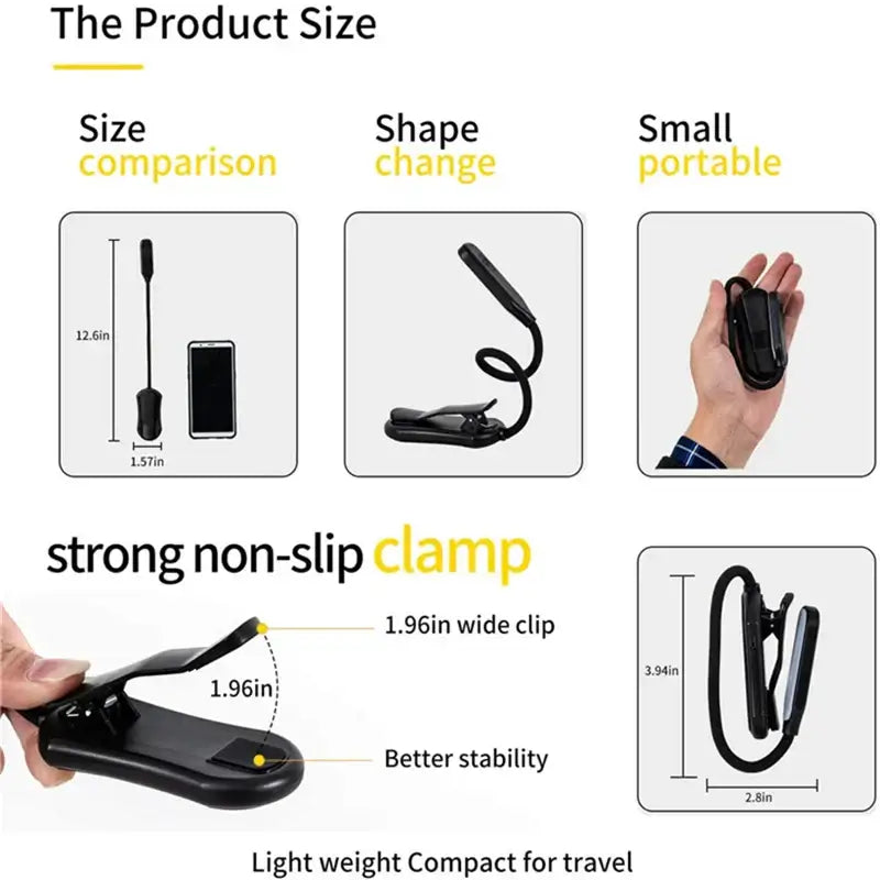 DecorBites™ 7 LED Book Light: Rechargeable Reading Lamp with 3-Level White Light Clip-On