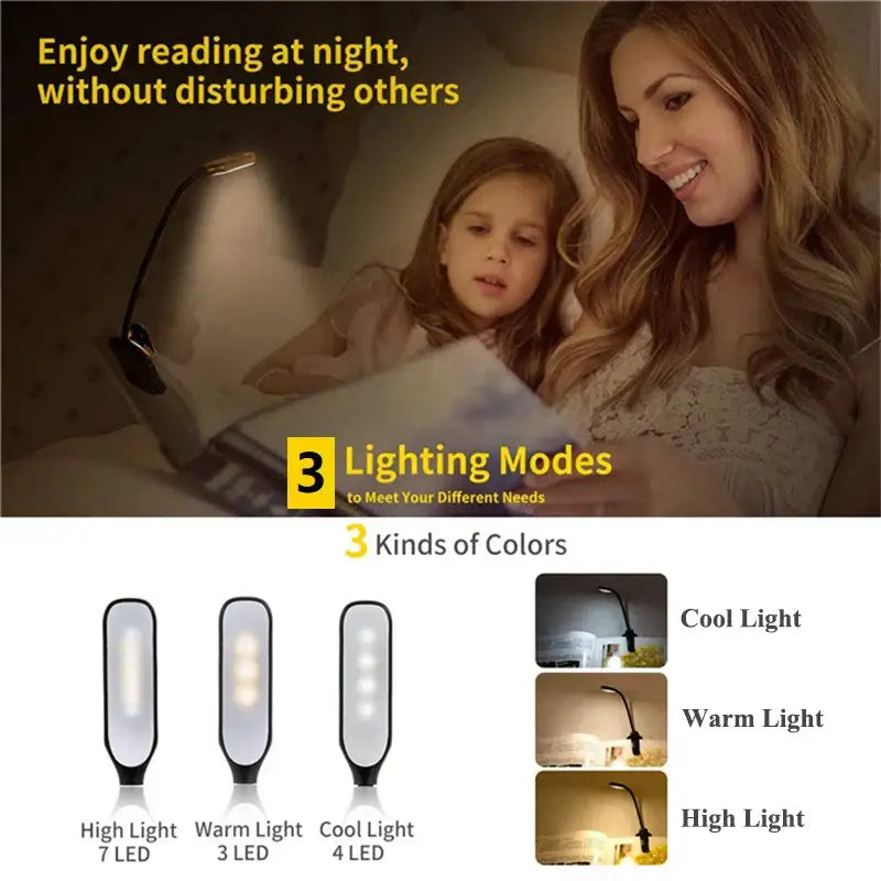 DecorBites™ 7 LED Book Light: Rechargeable Reading Lamp with 3-Level White Light Clip-On