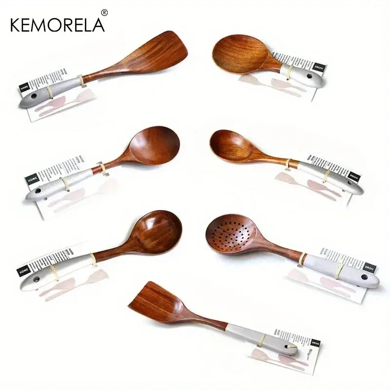 DecorBites™ 7-Piece Thai Wooden Cooking Utensil Set | Eco-Friendly Kitchen Tableware