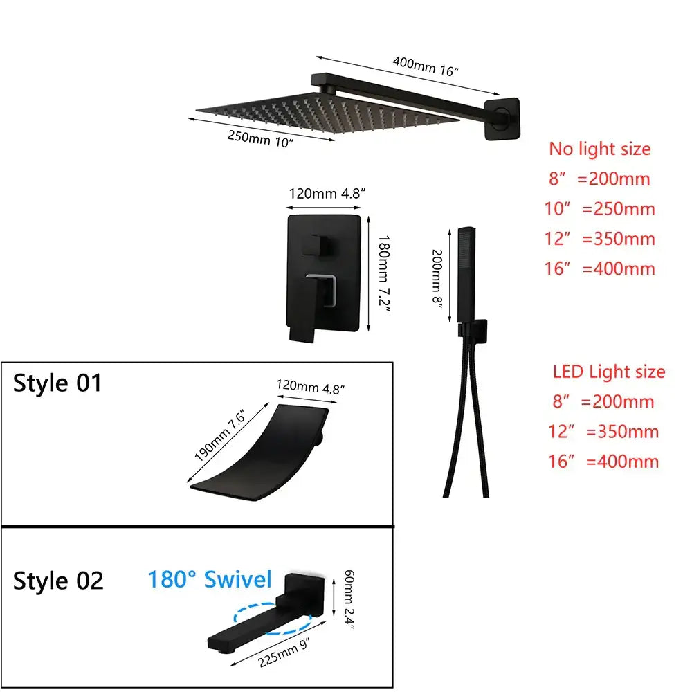 DecorBites™ 8/16 Inch Matte Black LED Rainfall Shower Faucet Set