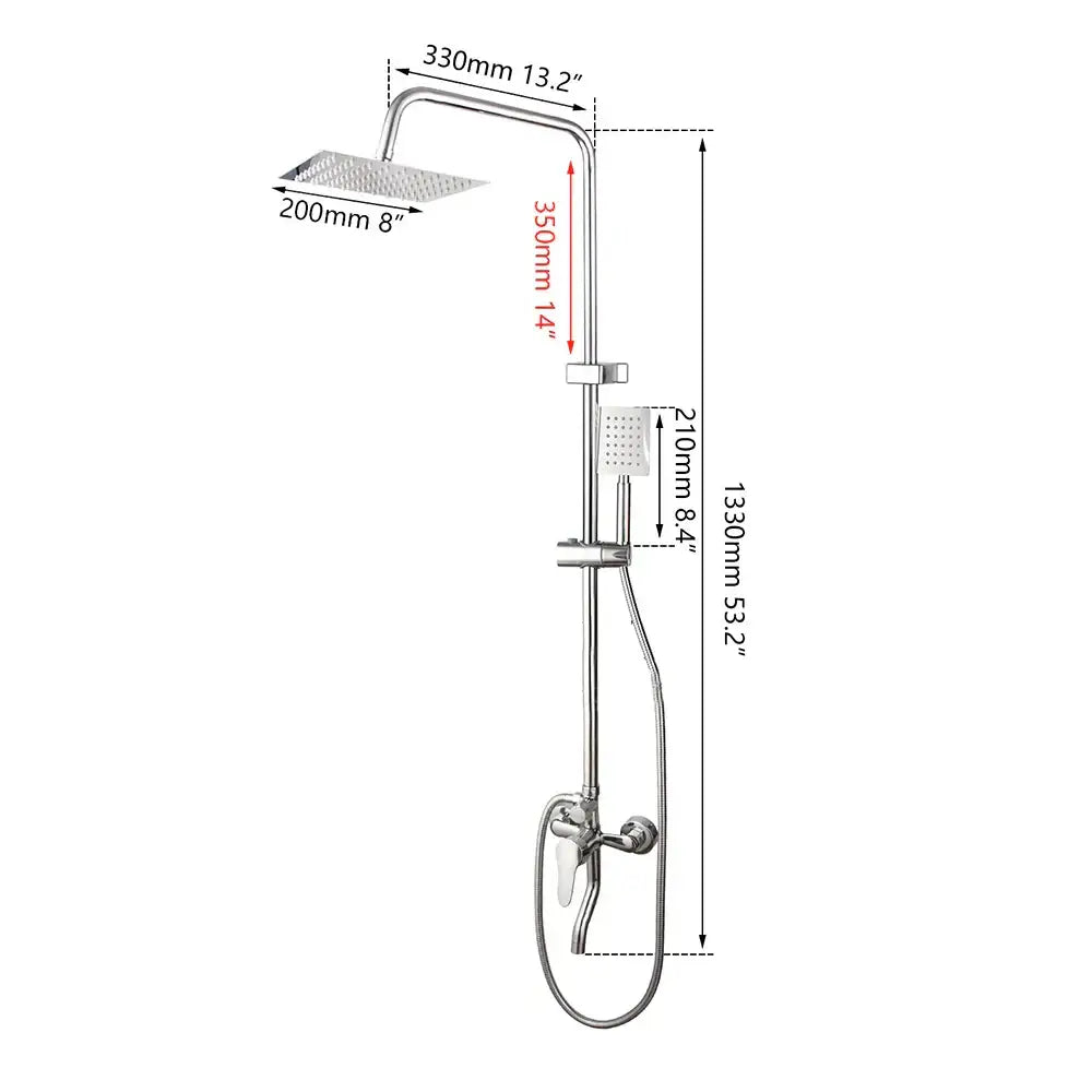 DecorBites™ 8-inch Chrome Bathroom Rainfall Shower Set with Adjustable Height and Handheld Faucet