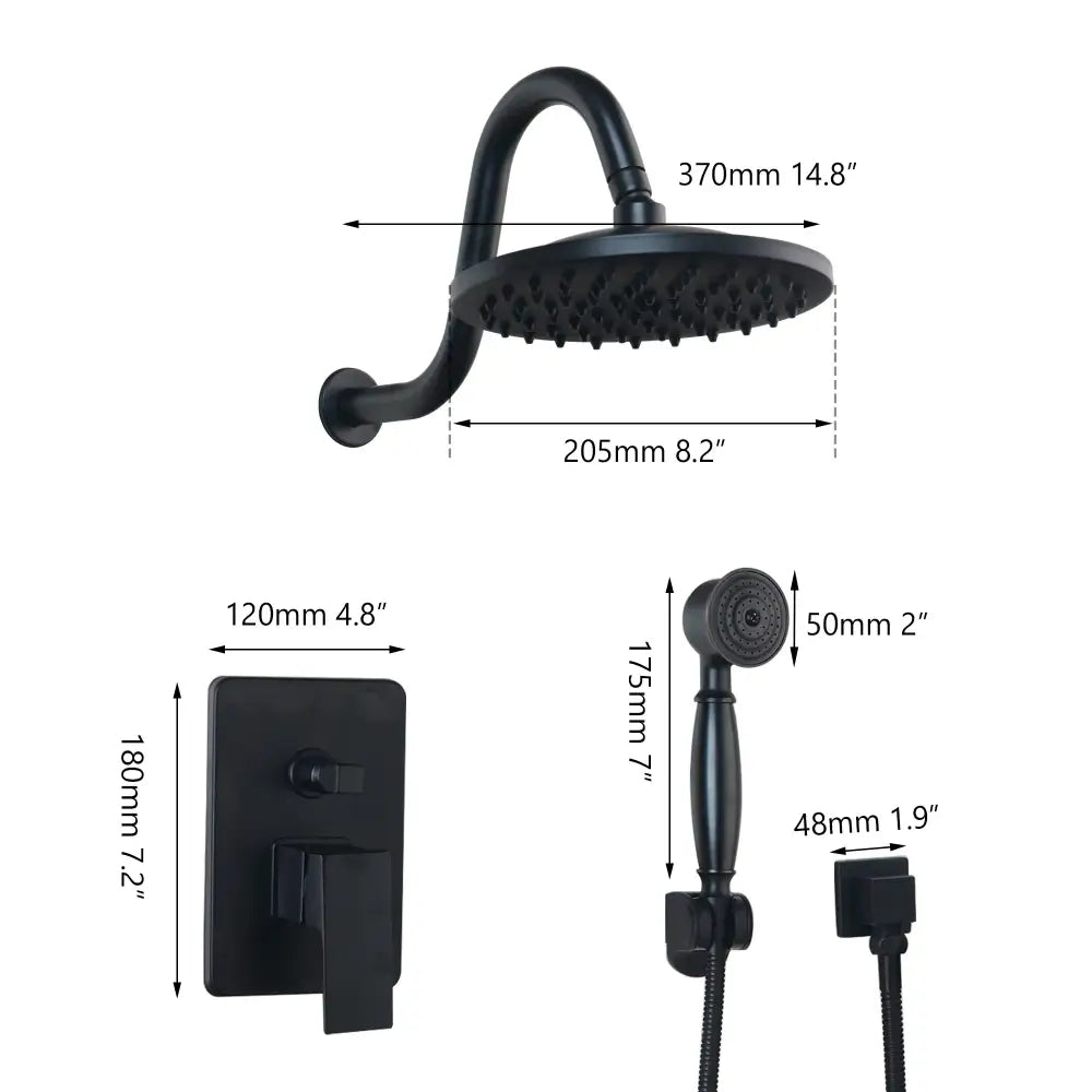 DecorBites™ 8" Matte Black Wall Mounted Rainfall Shower Faucet Set with Handheld Shower