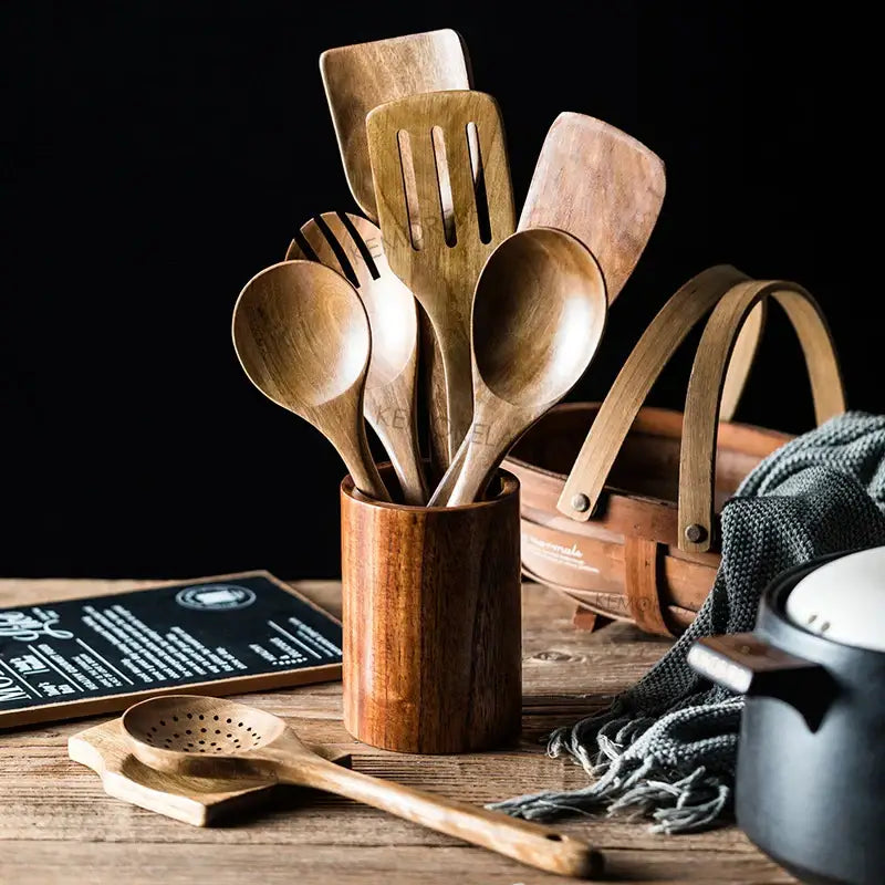 DecorBites™ 9-Piece Wooden Cooking Utensils Set with Holder - Teak Kitchen Tools