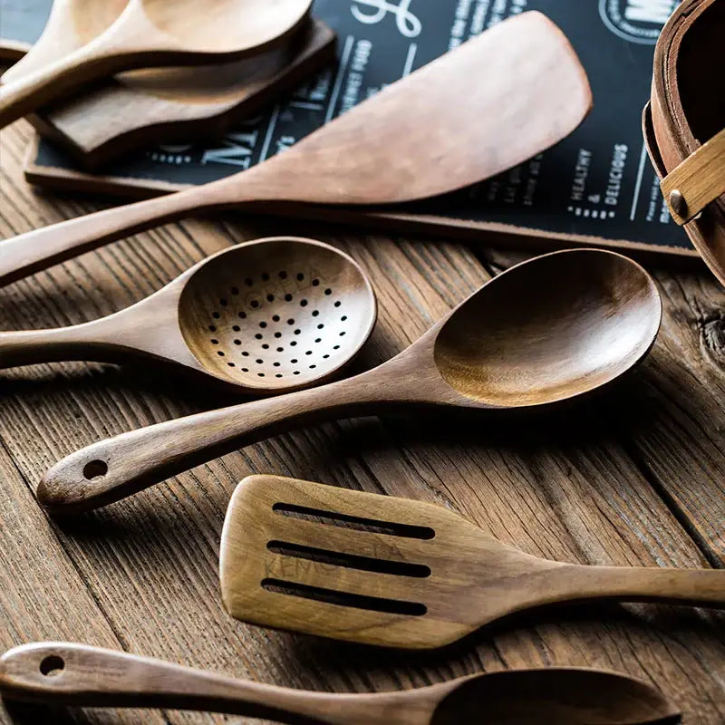 DecorBites™ 9-Piece Wooden Cooking Utensils Set with Holder - Teak Kitchen Tools
