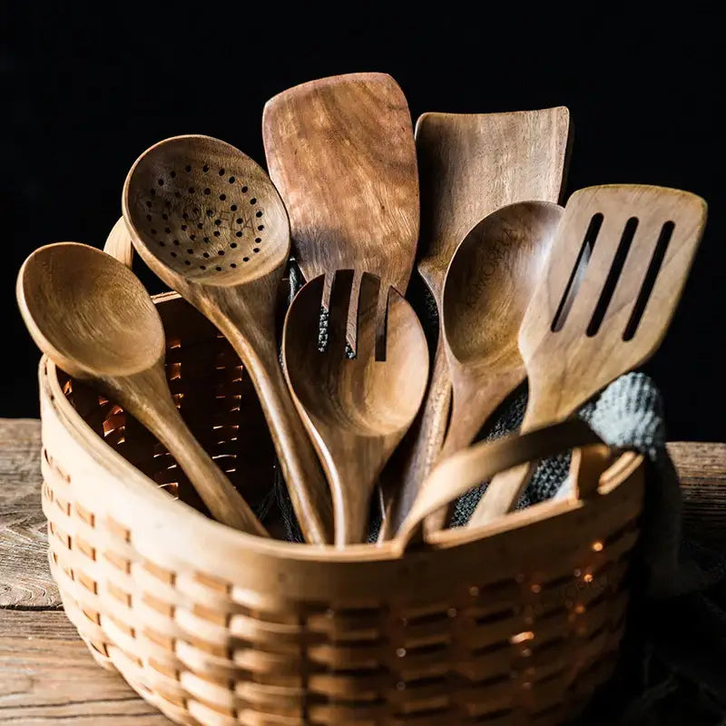 DecorBites™ 9-Piece Wooden Cooking Utensils Set with Holder - Teak Kitchen Tools