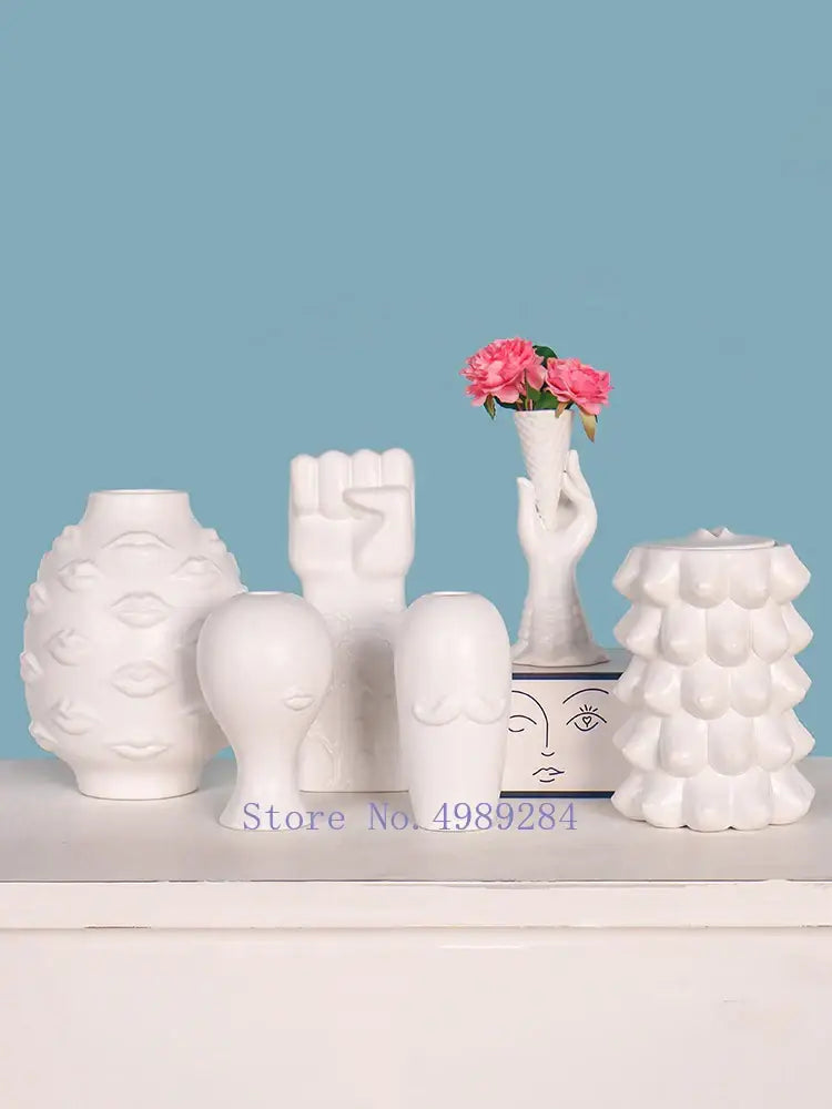 DecorBites™ Abstract Character White Ceramics Vase Home Decor Handcrafted Modern Flower Arrangement
