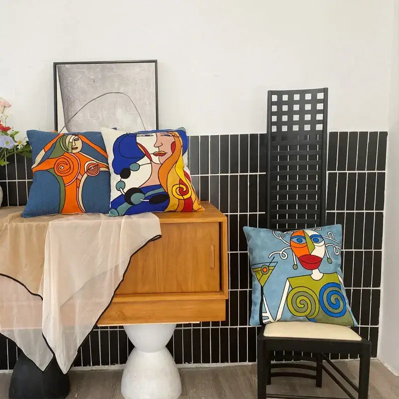 DecorBites™ Abstract Embroidery Pillowcase 45x45cm Picasso Decorative Throw Pillows Sofa & Car