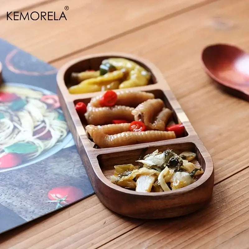 DecorBites™ Acacia Wood Oval Three-Compartment Japanese Dip Plate | Breakfast Dip Plate