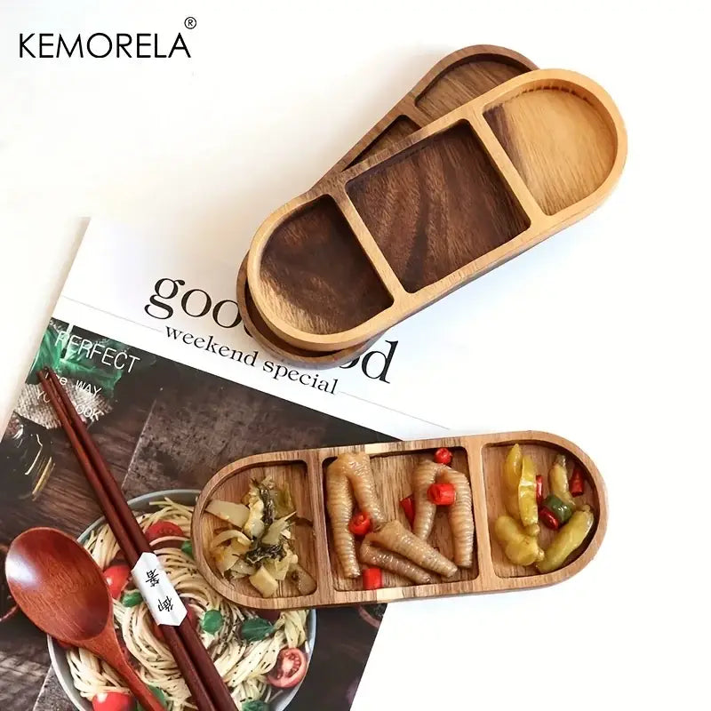 DecorBites™ Acacia Wood Oval Three-Compartment Japanese Dip Plate | Breakfast Dip Plate
